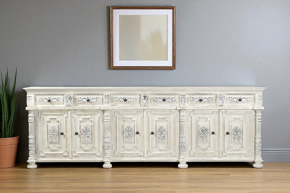 118" White Distressed Solid Wood Carved Floral Six Drawer Sideboard with Six Doors HomeRoots