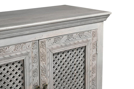 111" Gray Distressed Solid Wood Carved Floral Sideboard with Six Doors HomeRoots