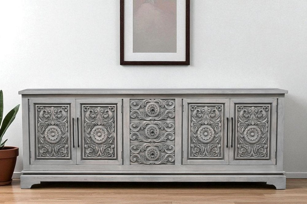 106" Gray Distressed Solid Wood Carved Floral Three Drawer Sideboard with Four Doors HomeRoots
