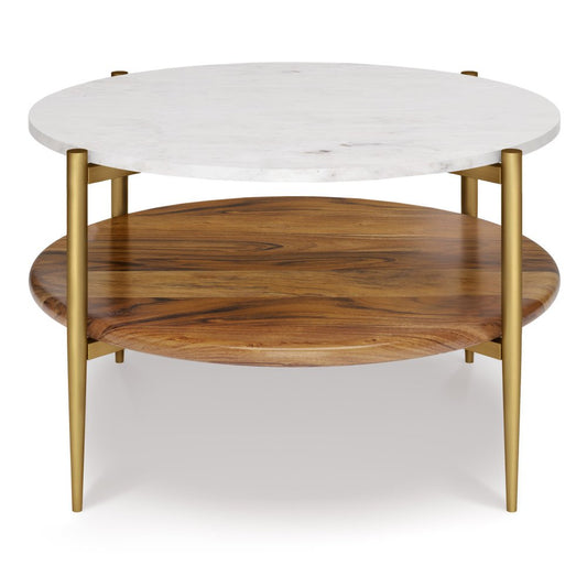 17" White Antiqued Brass And Natural Marble Iron And Solid Wood Round End Table With Shelf