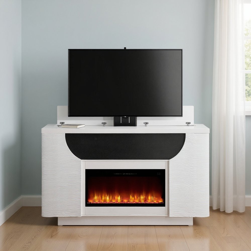 76" White Ribbed Wood Electric Storage Cabinet TV Fireplace With LED And Speaker HomeRoots