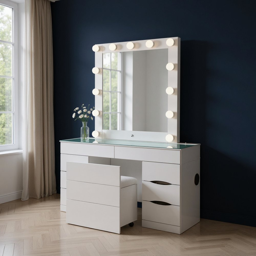 62" White Wood And Glass Six Drawer Vanity Table With Mirror Seating And Lights HomeRoots
