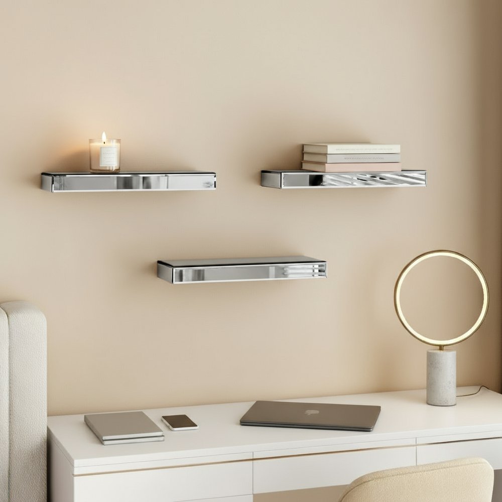 Set Of Three Silver Glass Wall Mounted Floating Shelf HomeRoots