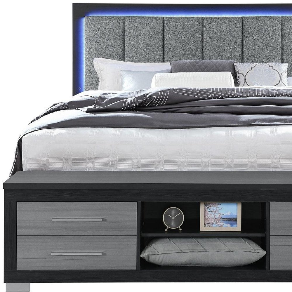 Black and Gray Wood And Upholstery Lighted Upholstered King Bed Frame With USB And Drawers With Drawer, Shelve Storage HomeRoots