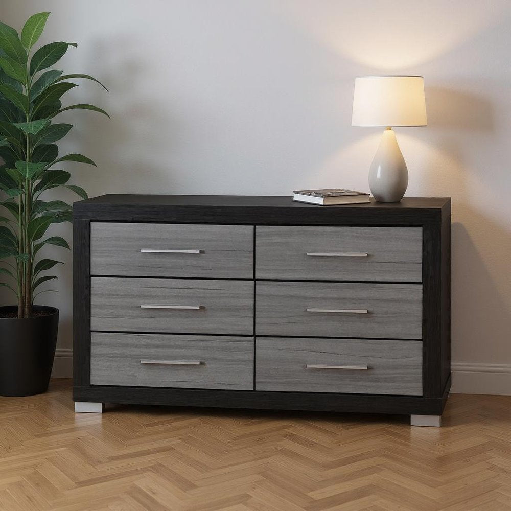 63" Black And Gray Wood Six Drawer Double Dresser HomeRoots
