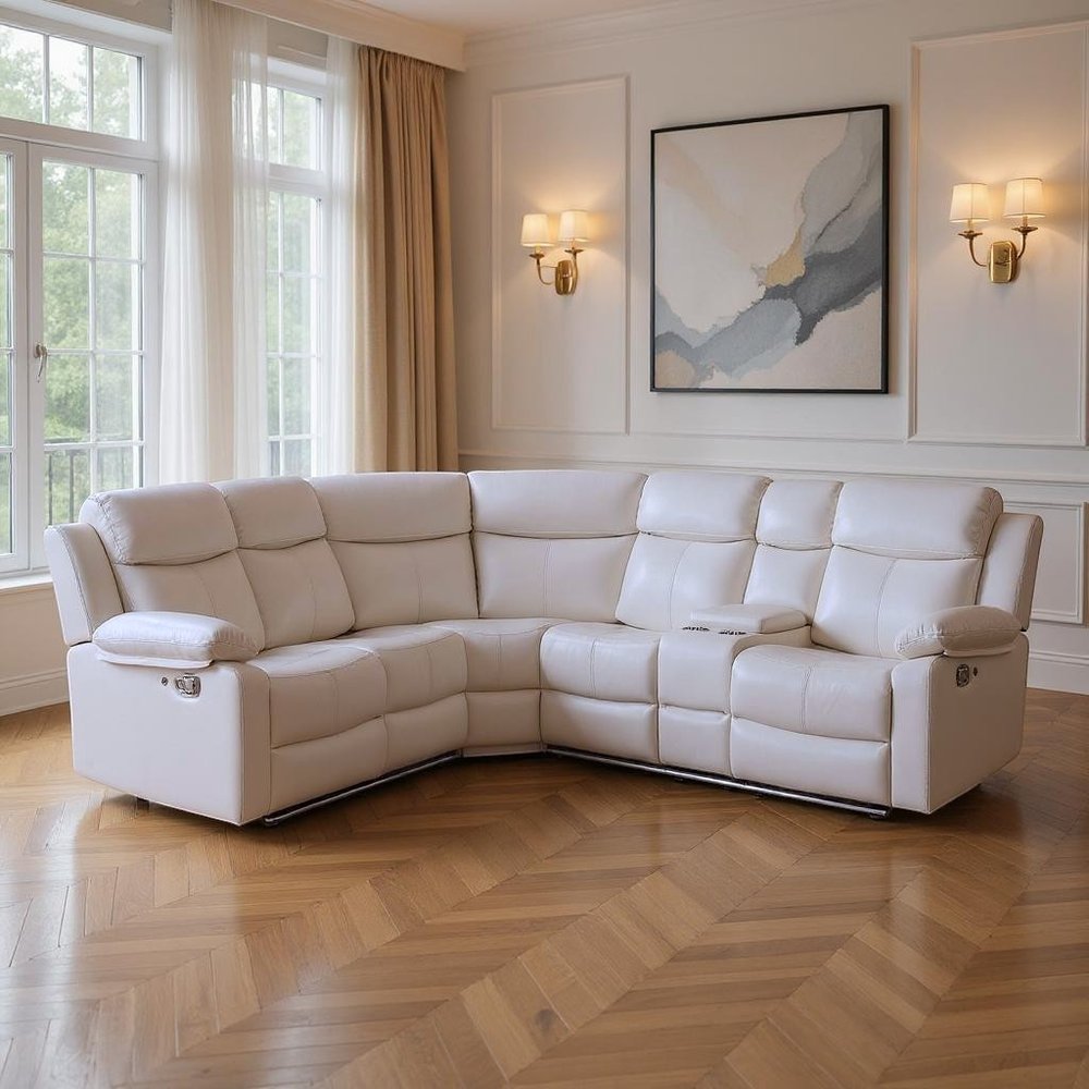 Off White Faux Leather Reclining Curved Six Piece Sectional With LED And Console HomeRoots