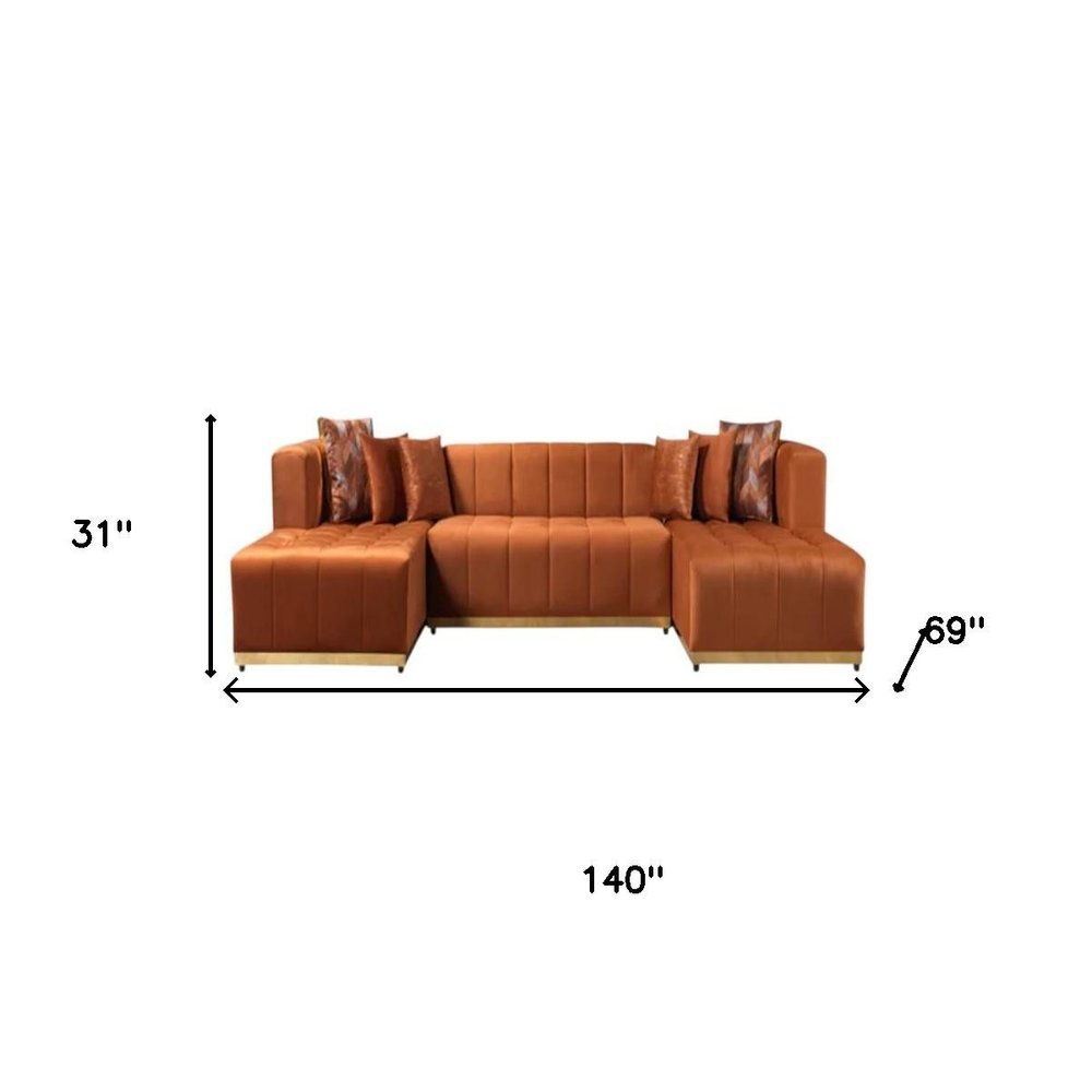 Orange Velvet U Shaped Three Piece Sofa and Chaise Sectional With Toss Pillows HomeRoots