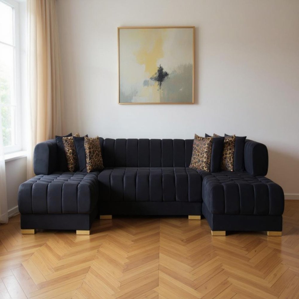 Black Velvet U Shaped Three Piece Sofa and Chaise Sectional With Toss Pillows HomeRoots