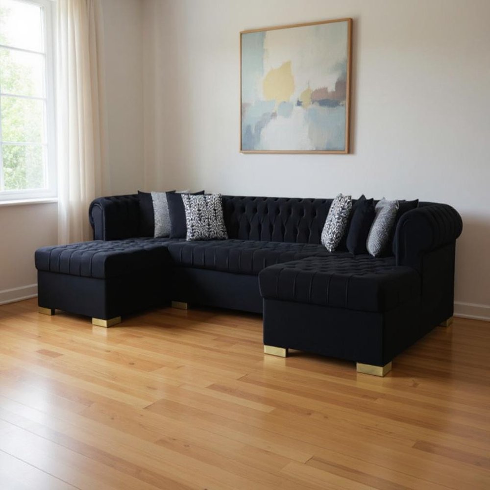 Black Velvet U Shaped Three Piece Sofa and Chaise Sectional With Toss Pillows HomeRoots