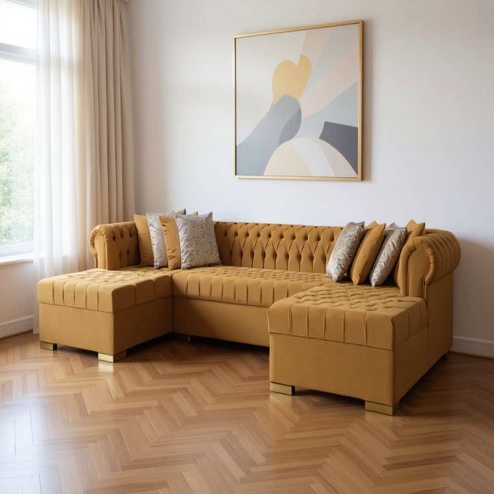 Mustard Velvet U Shaped Three Piece Sofa and Chaise Sectional With Toss Pillows HomeRoots