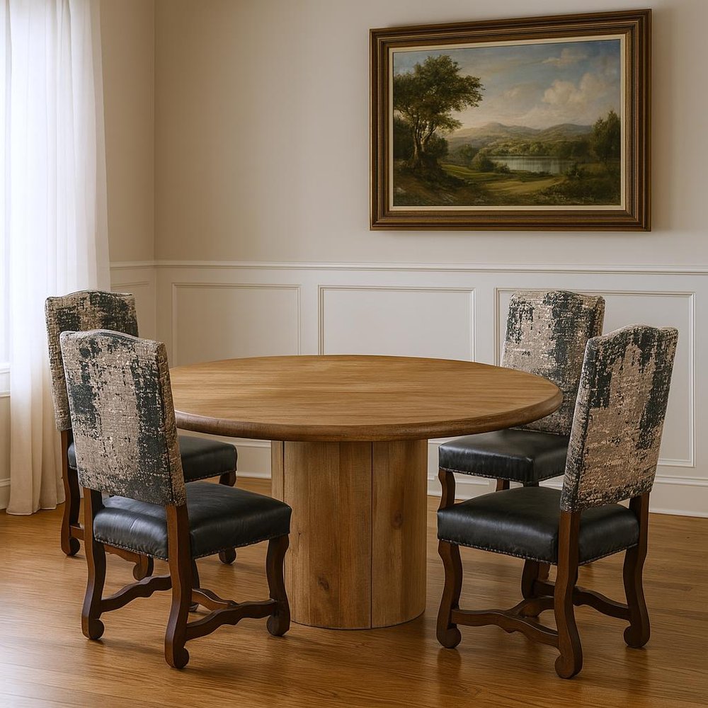 Five Piece Brown Round Solid Wood Dining Set with Four Chairs HomeRoots