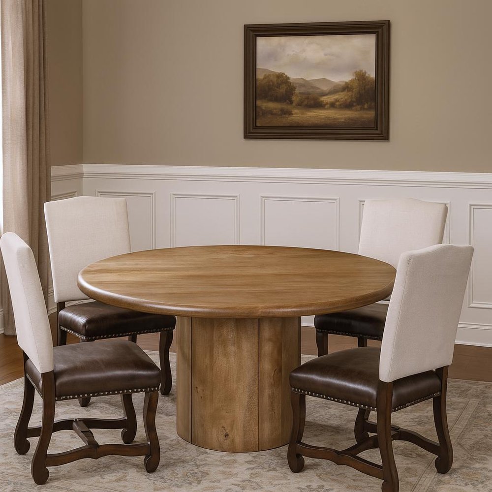 Five Piece Brown Round Solid Wood Dining Set with Four Chairs HomeRoots