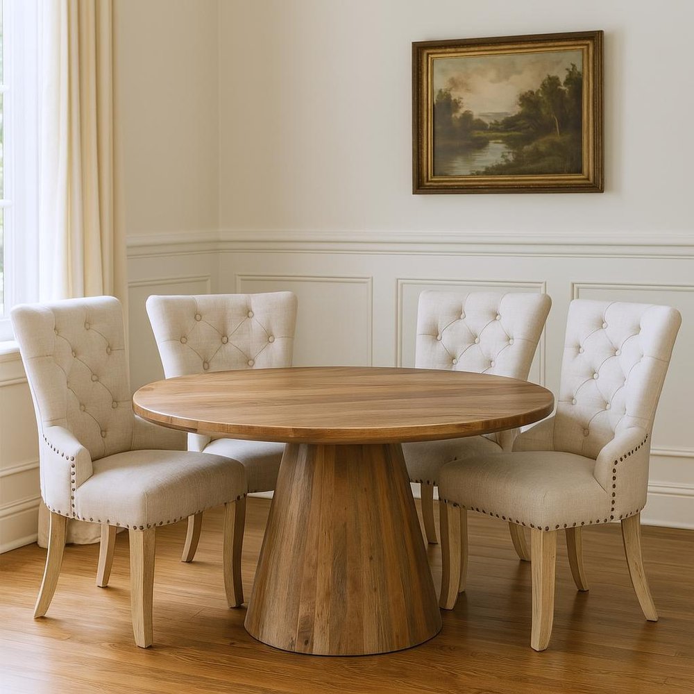Five Piece Brown Round Solid Wood Dining Set with Four Chairs HomeRoots