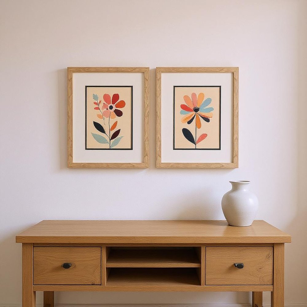 Set Of Two Colorful Flowers Brown Framed Wall Art