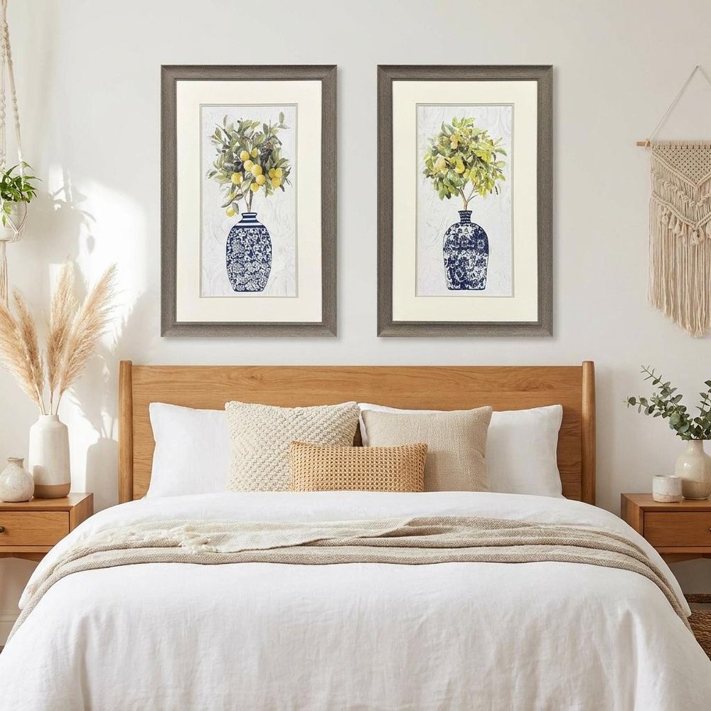 Set Of Two Lemon Tree Chinoiserie Pot Brown Framed Wall Arts
