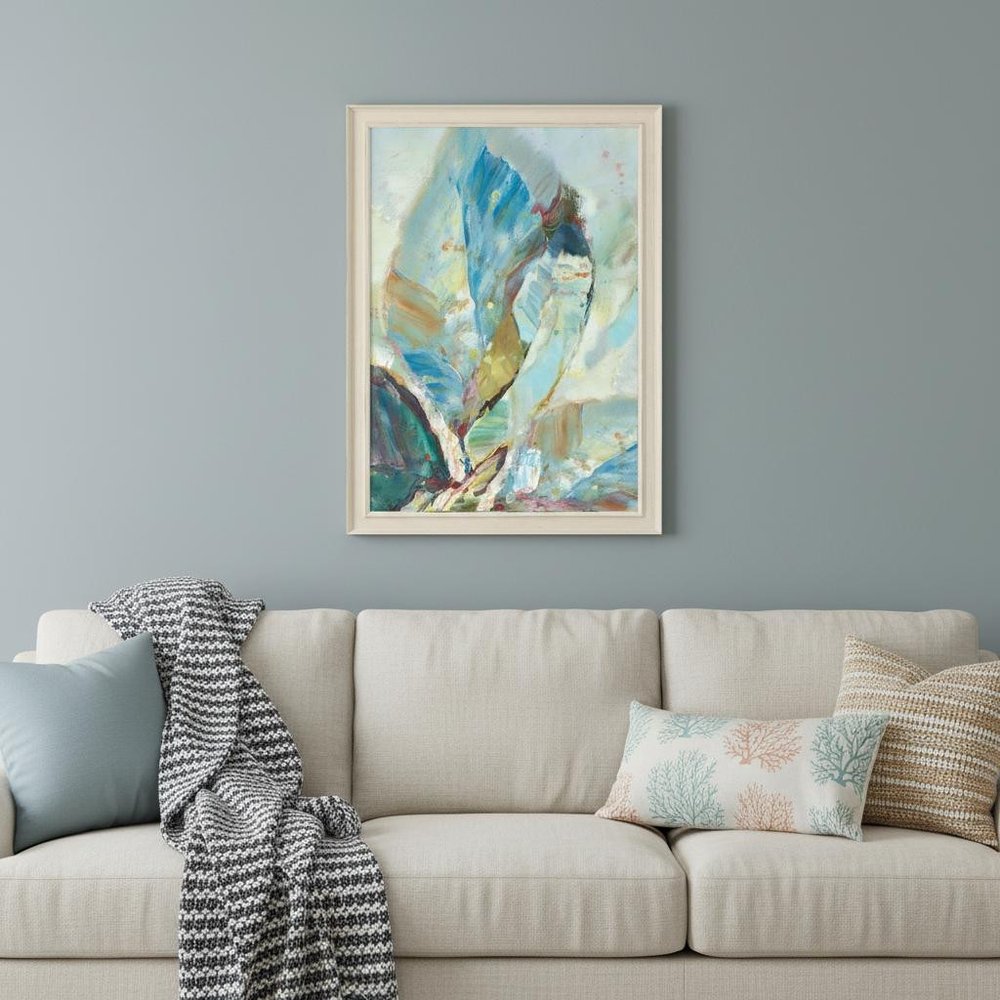 Aqua Leaf I Distressed White Framed Wall Art