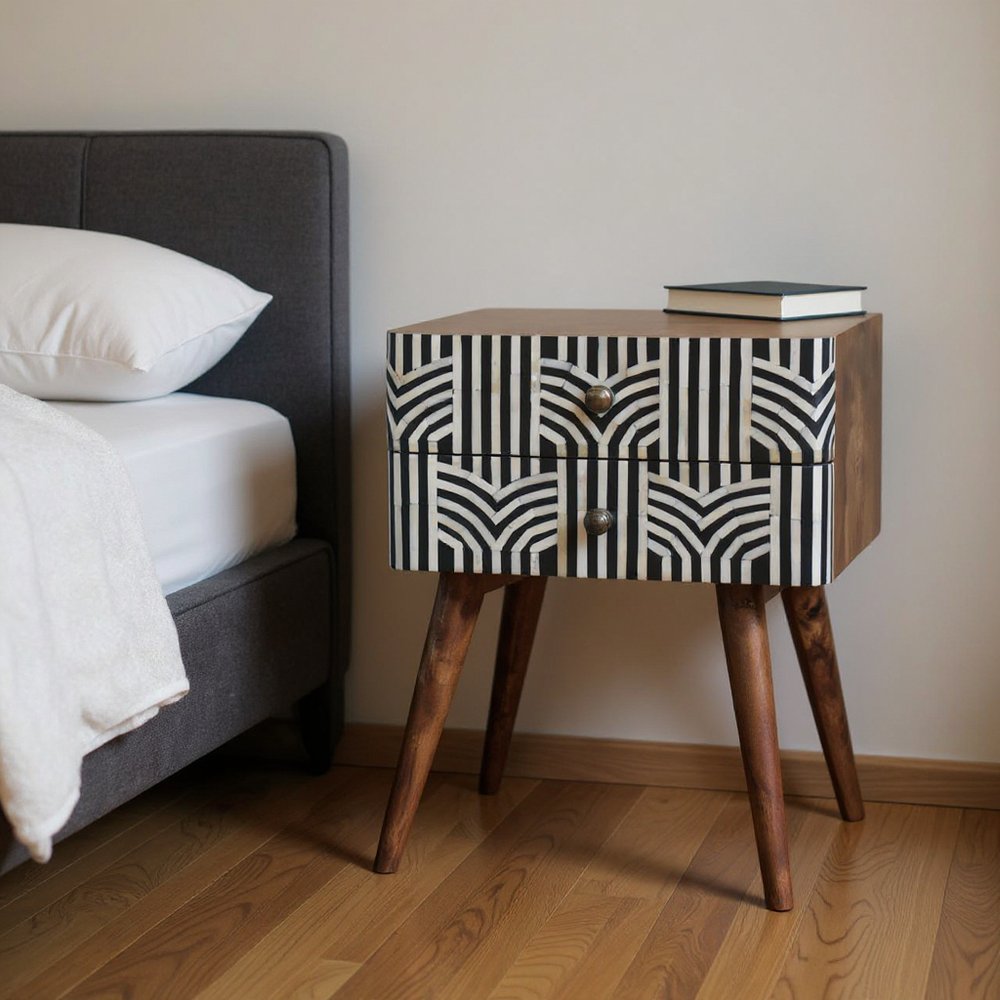 23" Black White And Brown Solid Wood Geometric Bone Inlay Two Drawer Nightstand HomeRoots