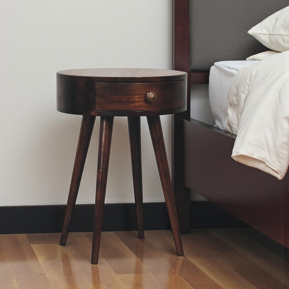 22" Walnut Solid Wood Round One Drawer Nightstand HomeRoots