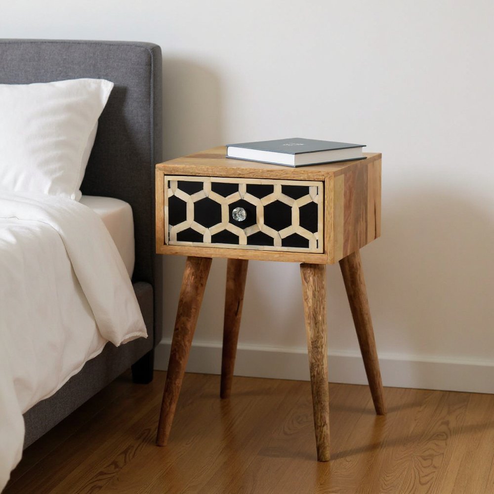 20" Black White And Brown Solid Wood Geometric Bone Inlay One Drawer Nightstand HomeRoots