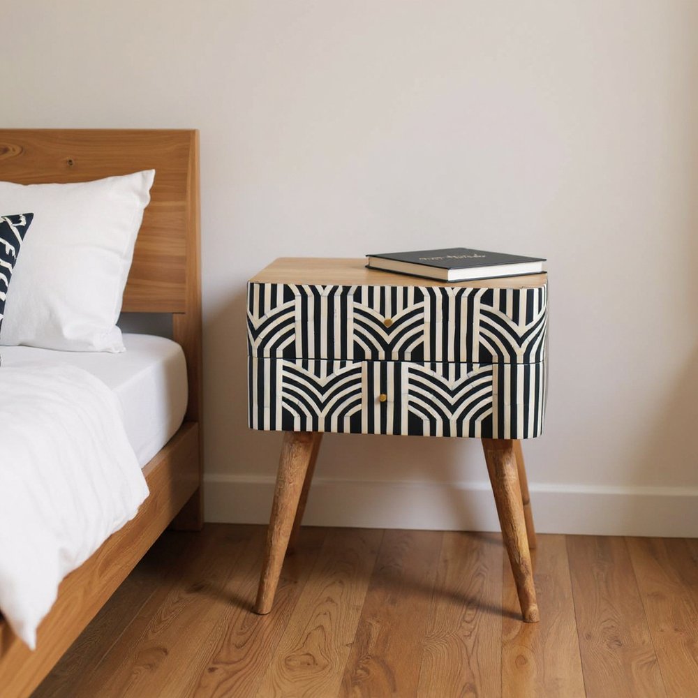 23" Black Ivory And Light Brown Solid Wood Geometric Bone Inlay Two Drawer Nightstand HomeRoots