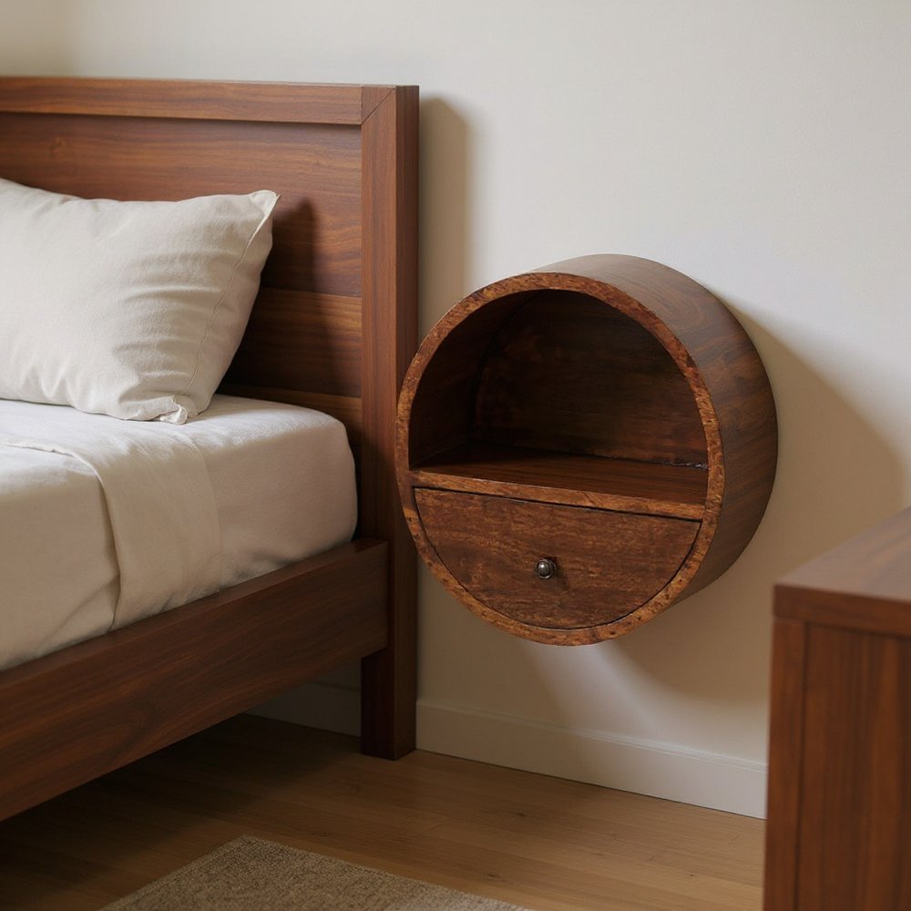 16" Chestnut Solid Wood Round One Drawer Floating Nightstand HomeRoots