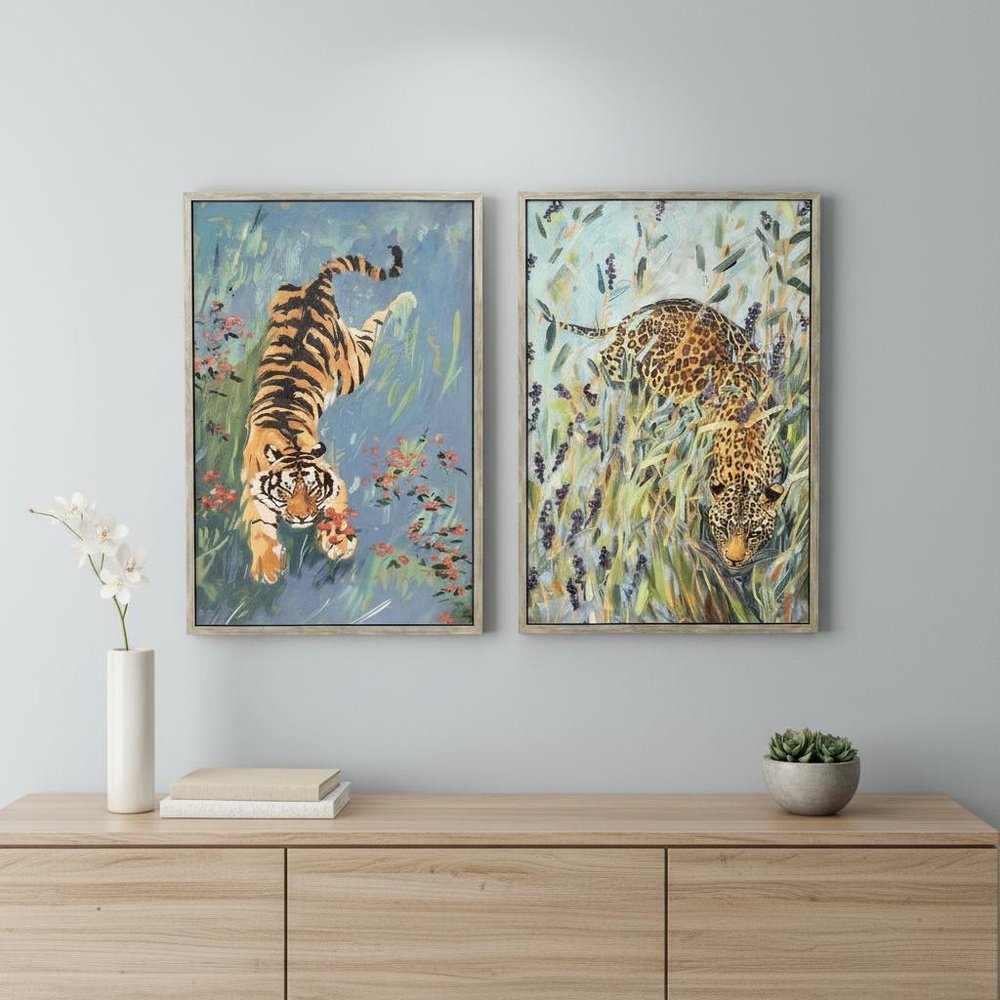 Set Of Two Tiger And Leopard Silver Framed Wall Art HomeRoots