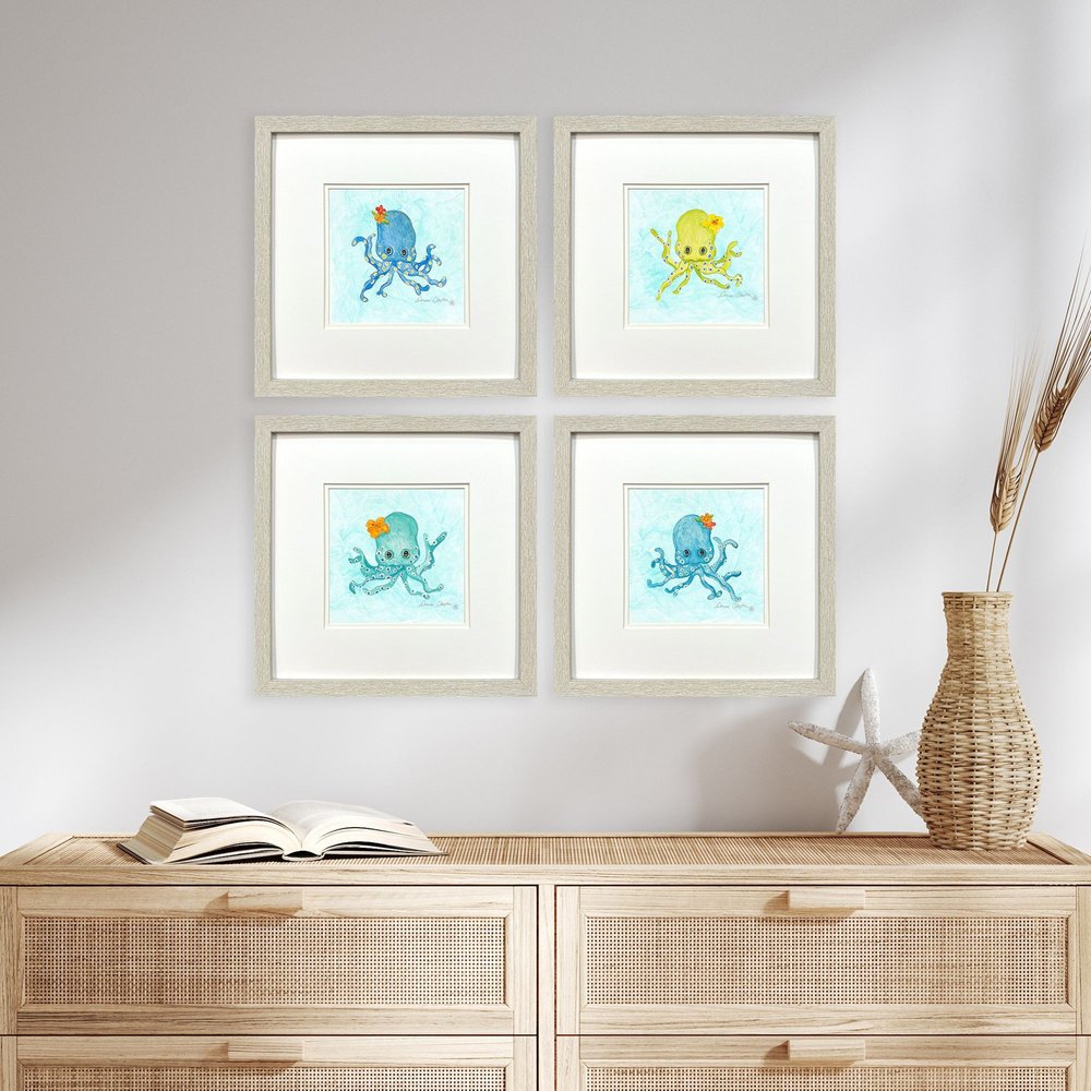 Set Of Four Baby Octopus Distressed White Framed Wall Art HomeRoots