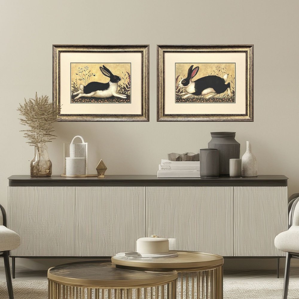Set Of Two Folk Art Rabbit Gold Framed Wall Art HomeRoots