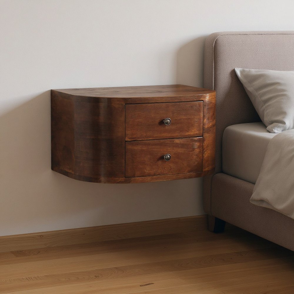 18" Brown Solid Wood Round Two Drawer Floating Nightstand