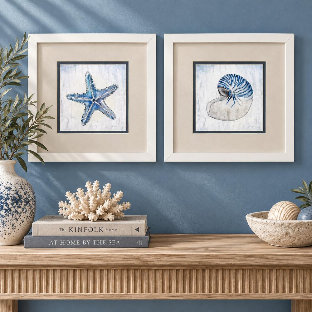 Set Of Two 11" x 11" Azure Shell White Framed Wall Art