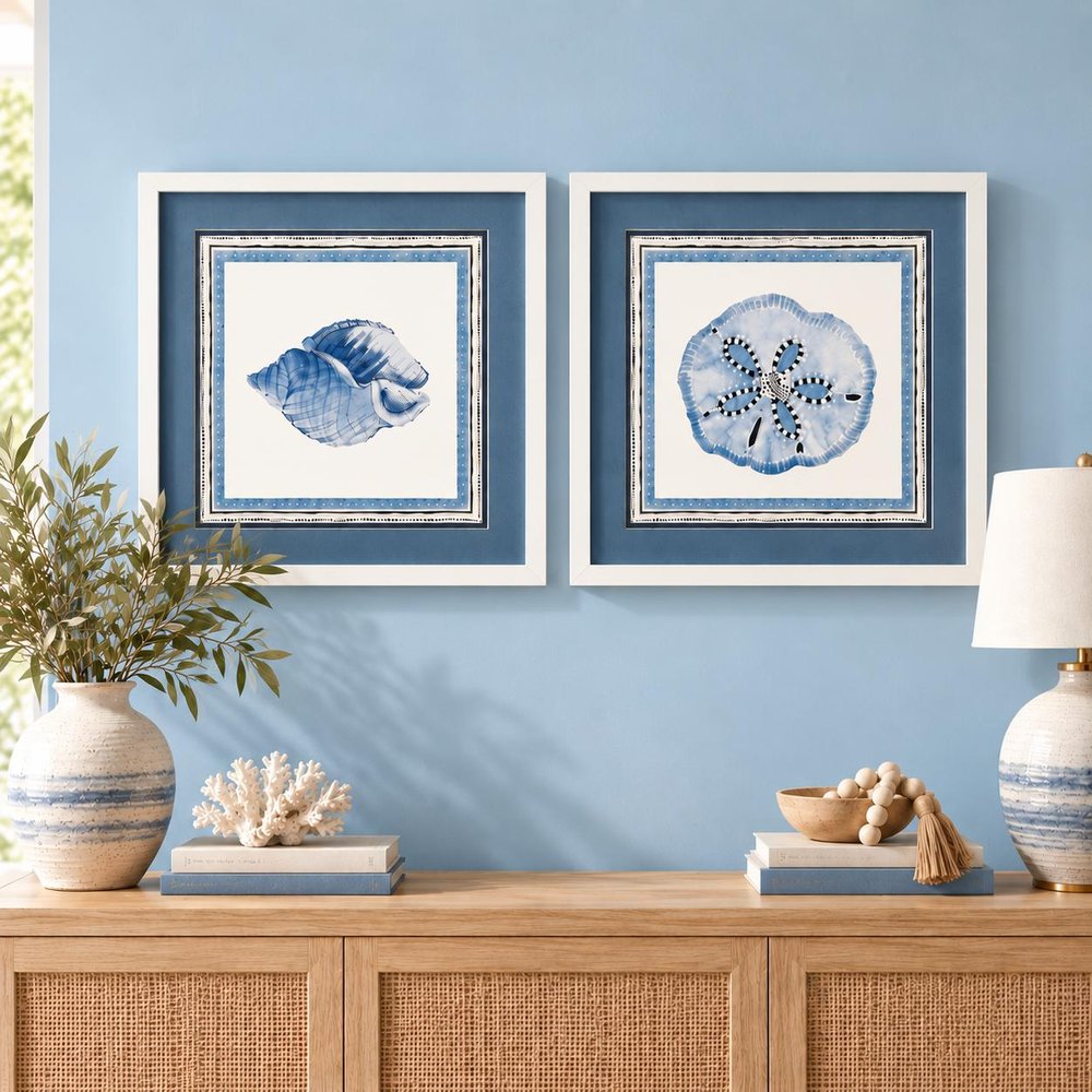 Set Of Two 17" x 17" Shell And Sand Dollar Blues White Framed Wall Art