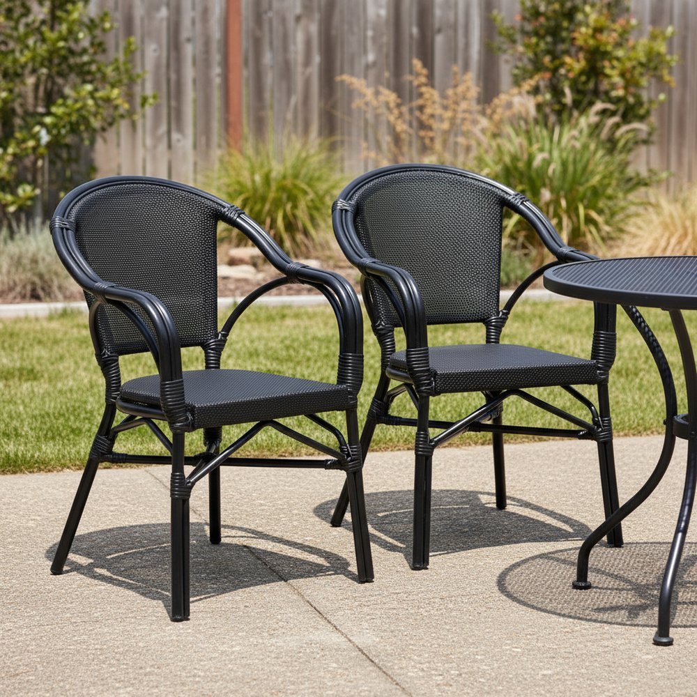 Set of Two Black Textured Mesh Sling And Aluminum Outdoor Stacking Arm Chairs HomeRoots