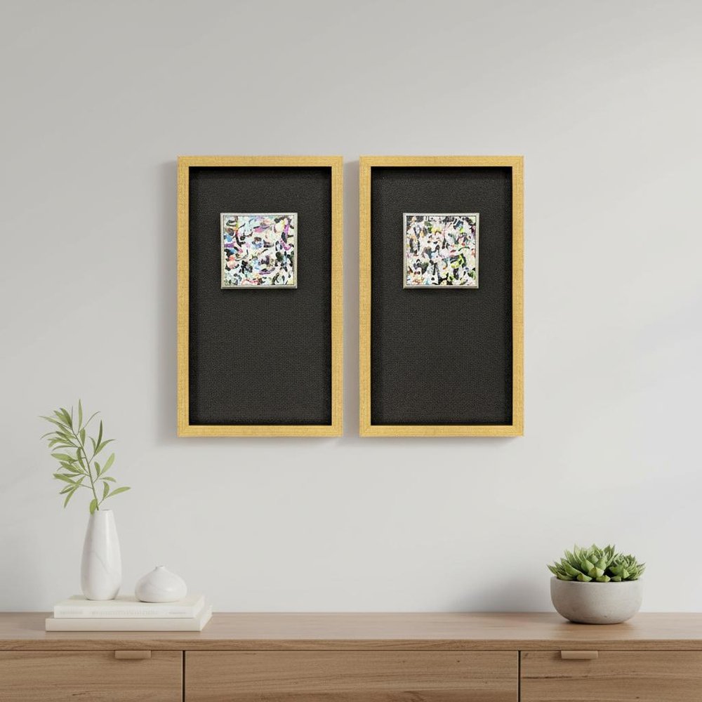 Set Of Two Multi Color Modern Abstract Gold Framed Wall Art
