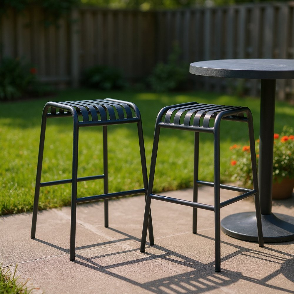 Set of Two 30" Dark Blue Steel Backless Bar Height Bar Chairs HomeRoots