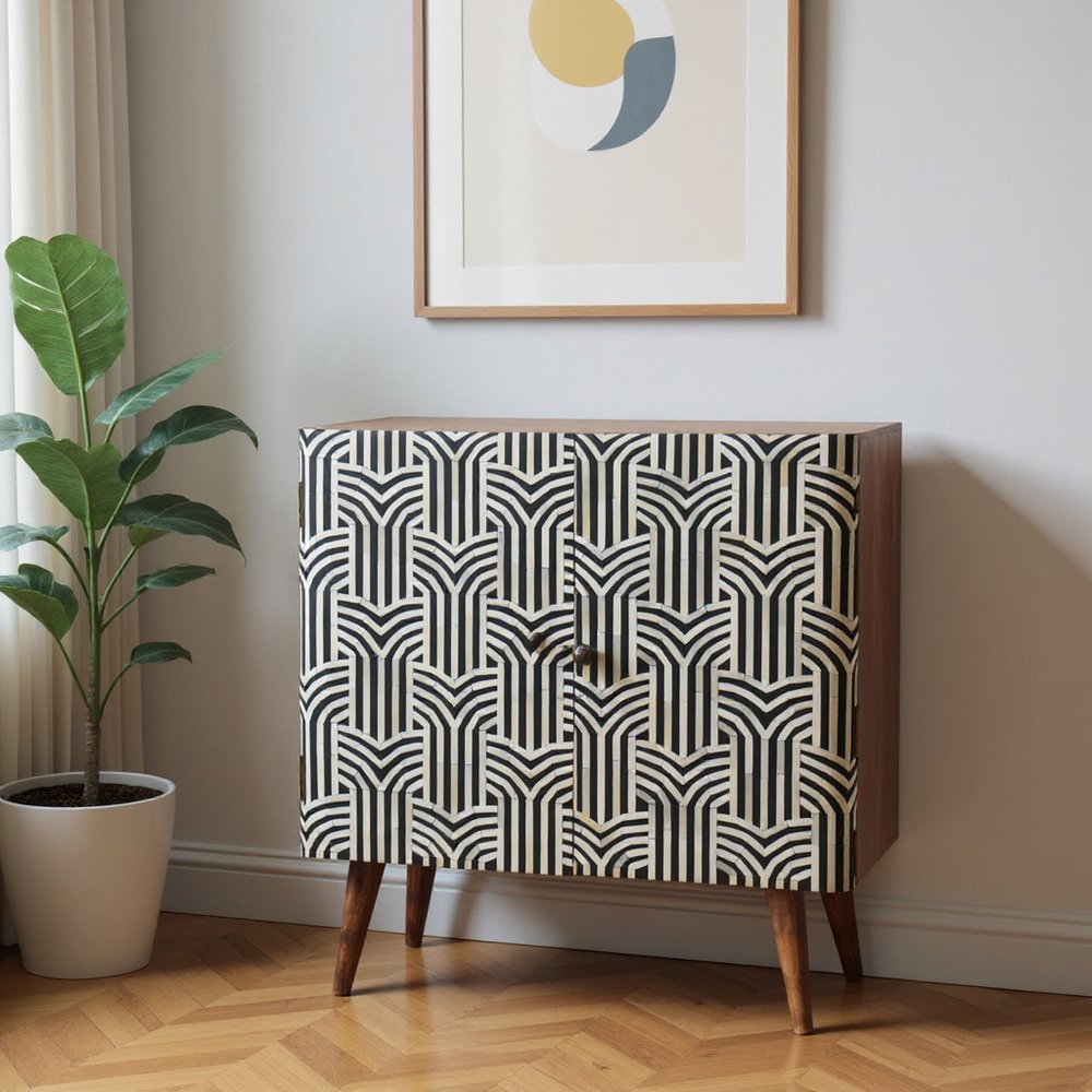 32" Brown Black and White Solid Wood And Inlaid Bone Textured Accent Cabinet With Two Doors - FurniFindUSA