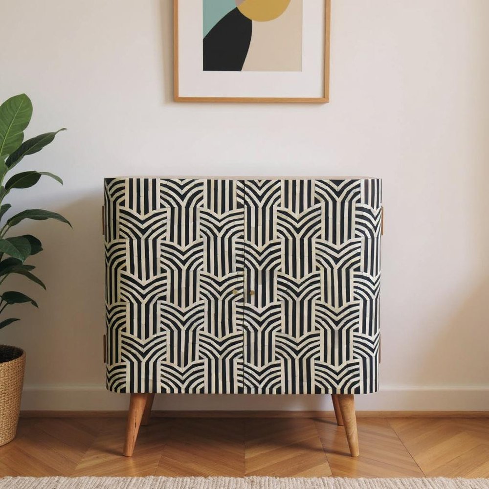 32" Dark Brown Black and White Solid Wood And Inlaid Bone Textured Accent Cabinet With Two Doors HomeRoots