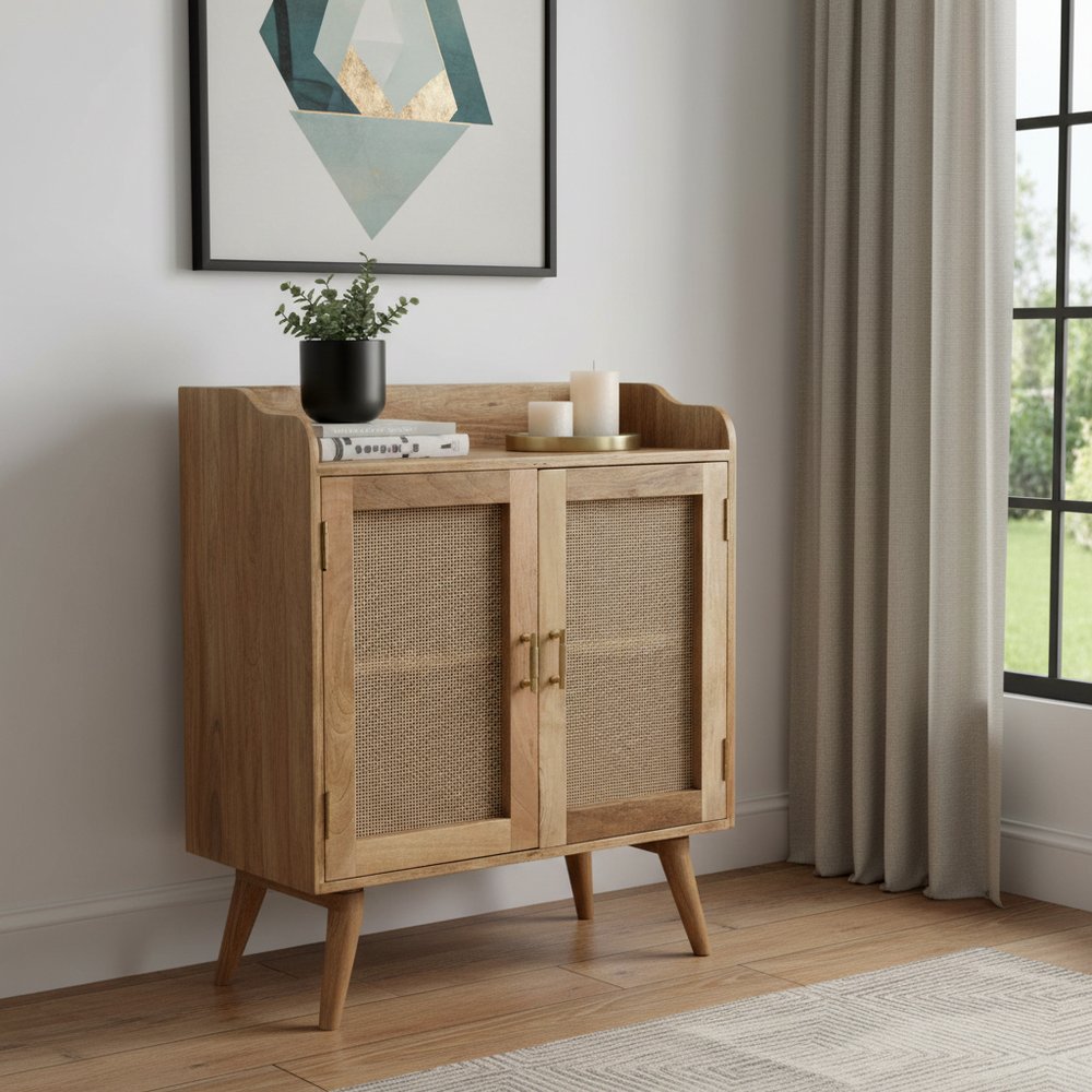 35" Brown Distressed Solid Wood Inlaid Rattan Accent Cabinet With Two Doors HomeRoots