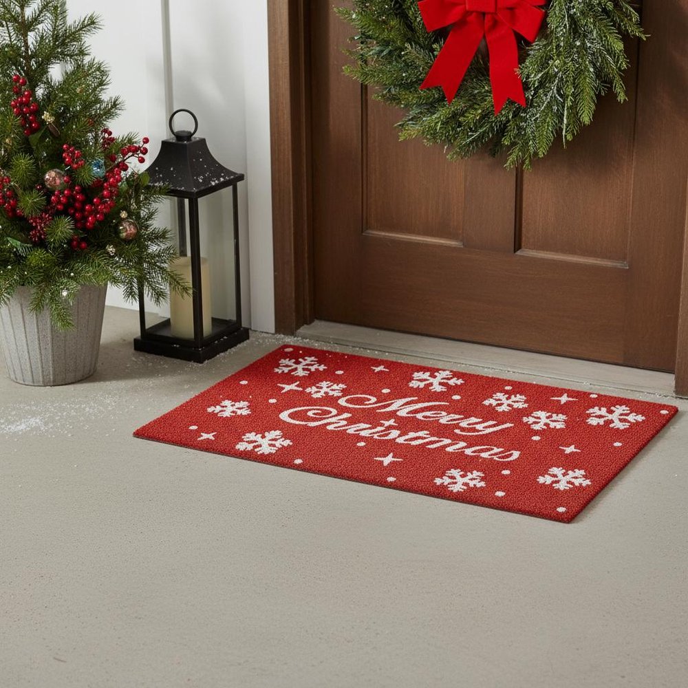 24" X 36" Red And White Christmas Snowflake Merry Christmas Outdoor Coir Door Mat HomeRoots