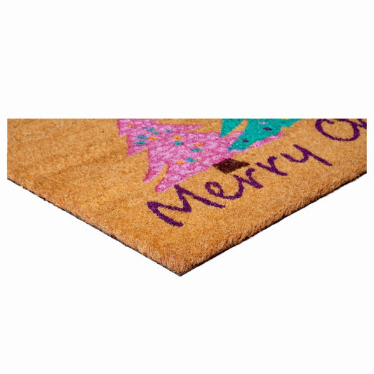 24" X 36" Brown Green And Pink Christmas Trees Merry Christmas Outdoor Coir Door Mat