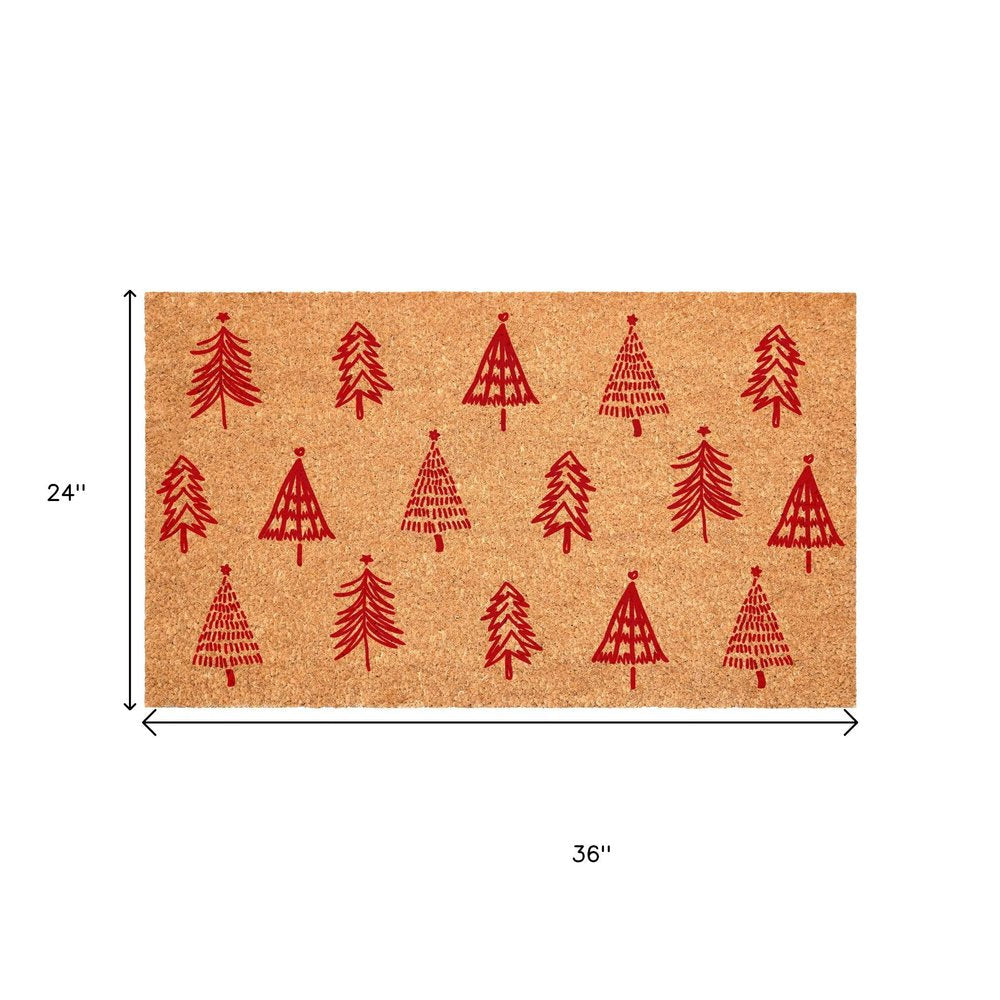 17" X 29" Brown And Red Christmas Trees Outdoor Coir Door Mat HomeRoots