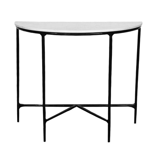 36" White and Black Genuine Marble and Iron Half Moon Console Table HomeRoots
