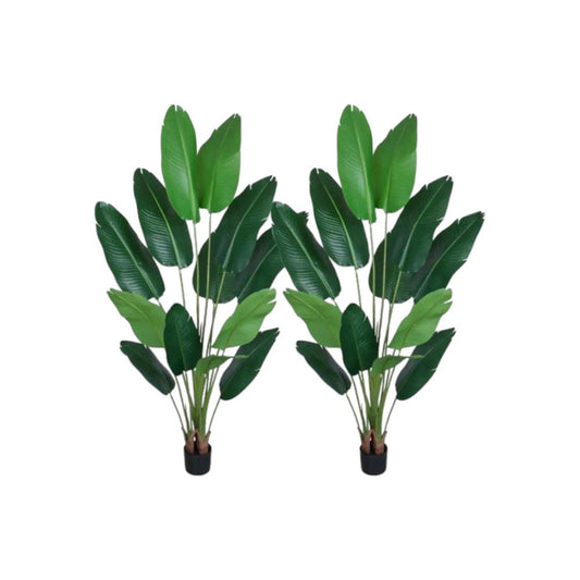 Set of Two 7" Green Artificial Banana Leaf In Cylindrical Black Cement Pot HomeRoots