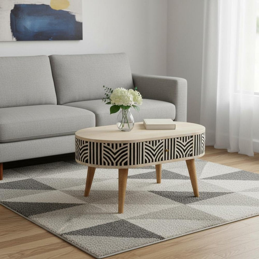 32" Black Bone and Oak Solid Wood Oval Coffee Table With Two Drawers HomeRoots