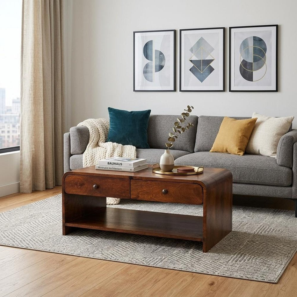 85" Chestnut Solid Wood Frame Coffee Table With Four Drawers HomeRoots