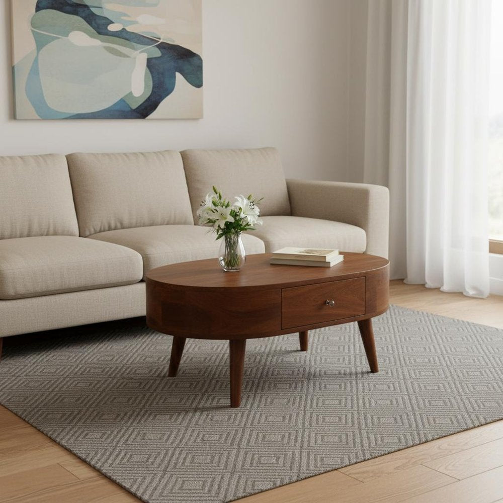 26" Chestnut Solid Wood Oval Coffee Table With Drawer HomeRoots