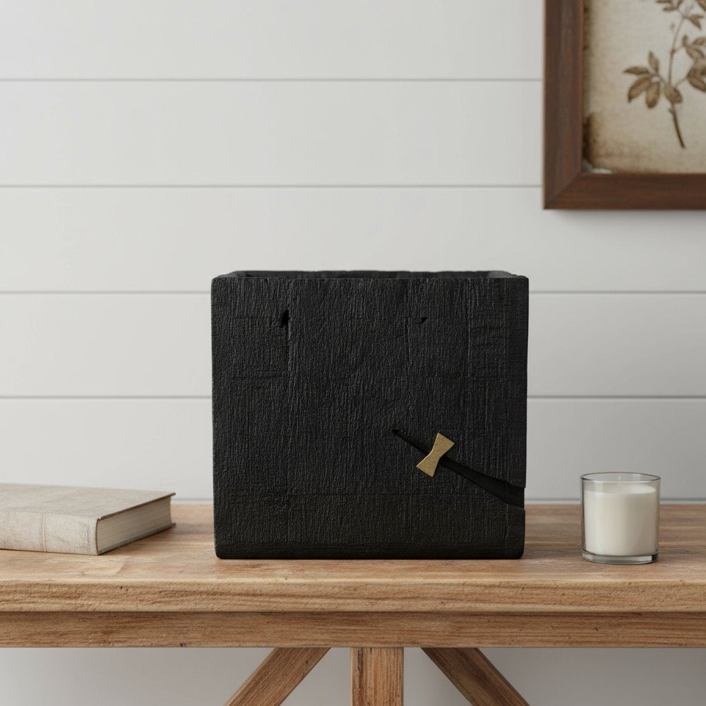 Black Wood Square Pot Planter HomeRoots