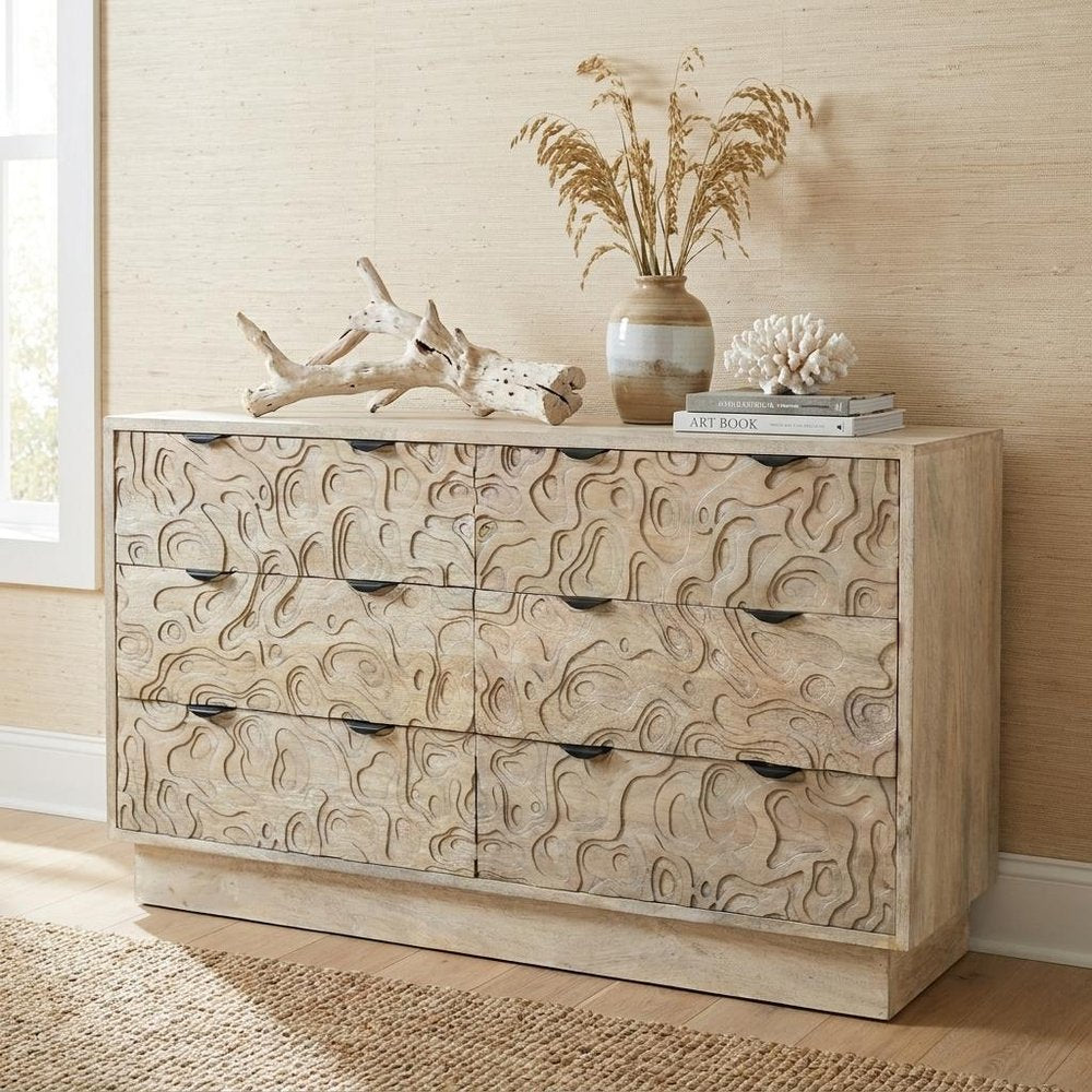 57" Gray Carved Abstract Solid Wood Six Drawer Double Dresser