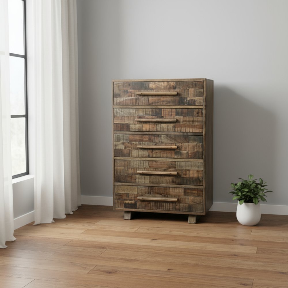 35" Brown Carved Geometric Solid Wood Five Drawer Dresser HomeRoots