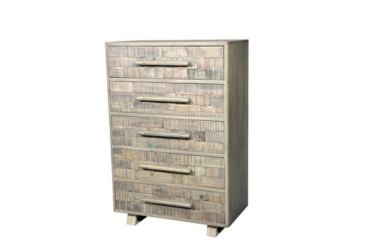 35" Gray Carved Geometric Solid Wood Five Drawer Dresser HomeRoots