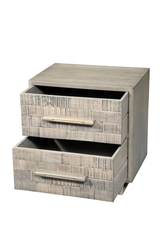 26" Gray Solid Wood Carved Geometric Two Drawer Nightstand
